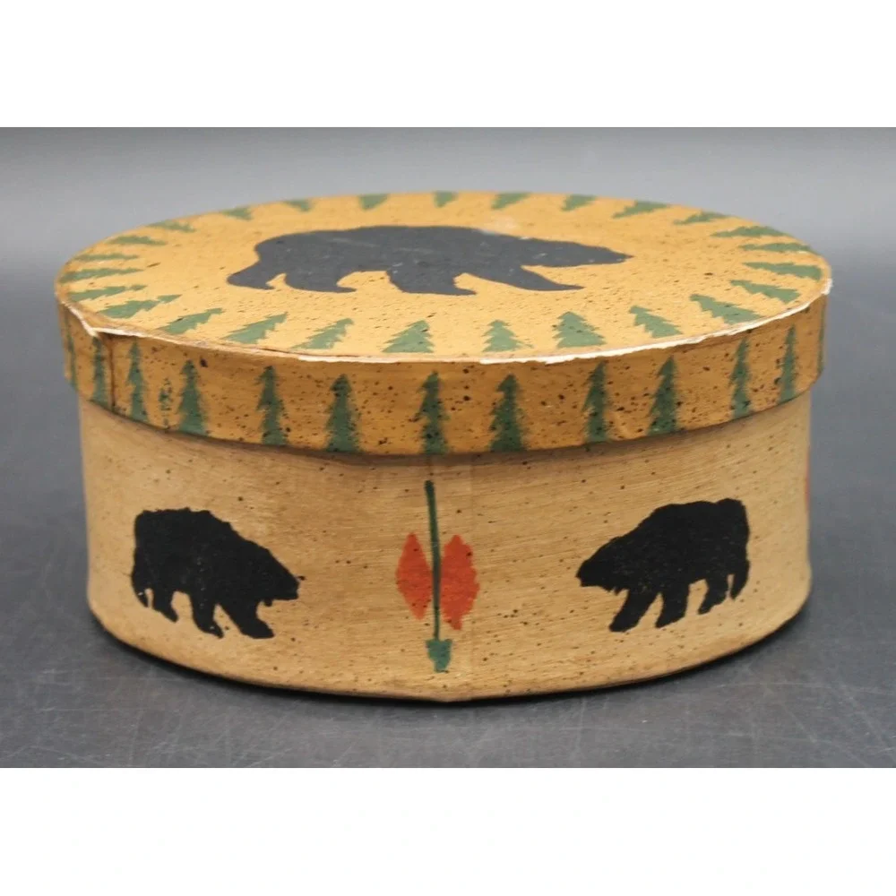 Set of 3 Rustic Woodland Bentwood Trinket Boxes Bear Moose Fish Round Lidded